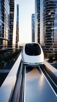 Futuristic magnetic levitation train speeding through a modern cityscape with towering glass skyscrapers and bright sunlight, representing advanced transportation and urban development