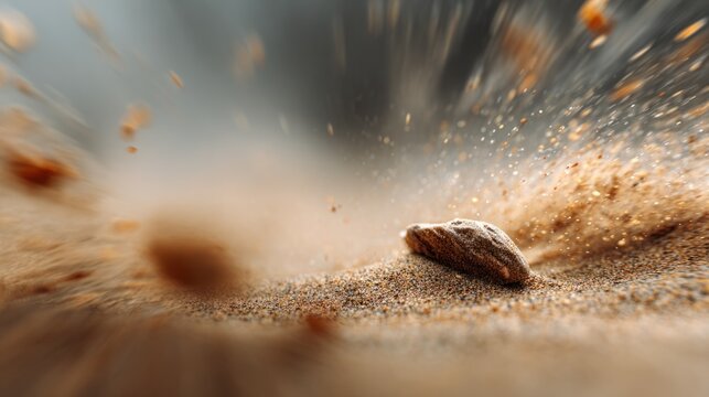 Fine sand particles in motion creating a dynamic texture with a prominent stone at the forefront