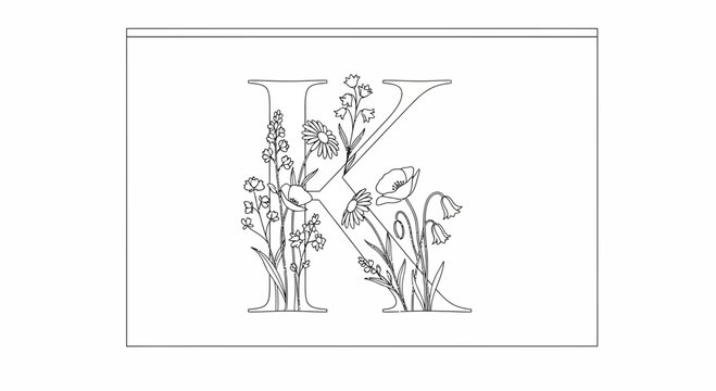 Elegant Floral Letter K Monogram, Botanical Alphabet, Vintage Decorative Initial