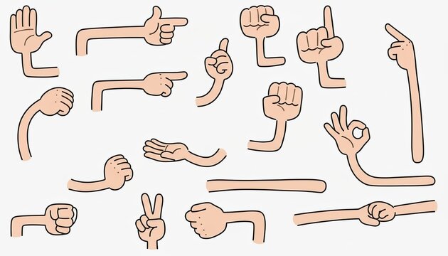 Diverse collection of cartoon hands and arms in various gestures and poses including pointing counting and making fists isolated on a clean white background ideal for infographic