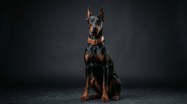 Majestic Doberman Pinscher Dog Sitting Attentively on Dark Studio Background.