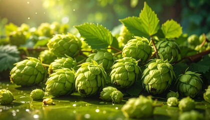 Fototapeta premium A cluster of green hops with leaves and cones on a wet surface