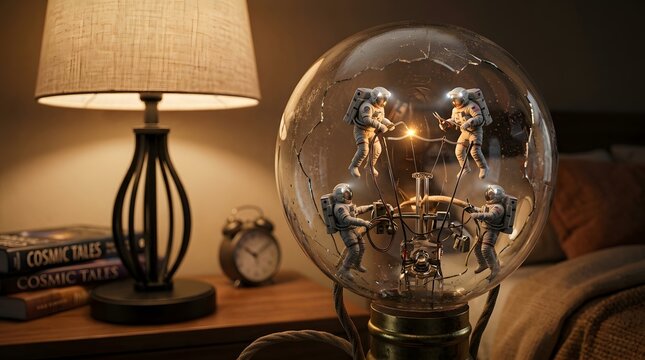 tiny astronauts repairing a broken light bulb inside a cozy bedroom lamp