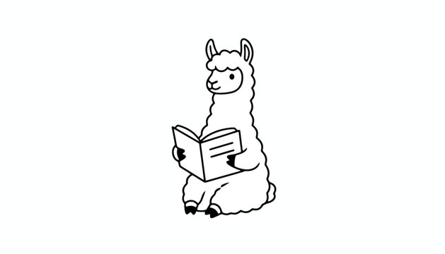 Cute cartoon llama reading a book, isolated on white background.