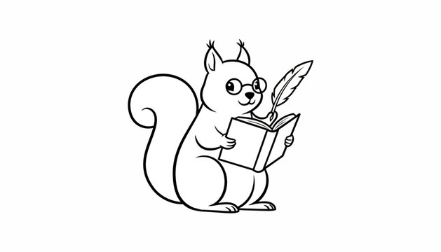 Cute cartoon squirrel reading a book with a quill pen, symbolizing education and knowledge