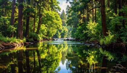 Fototapeta premium Serene forest pond with crystal reflections and lush greenery in golden sunlight