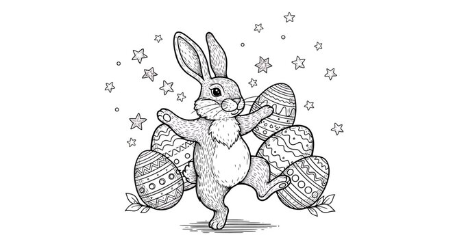 A cute rabbit dancing with Easter eggs.