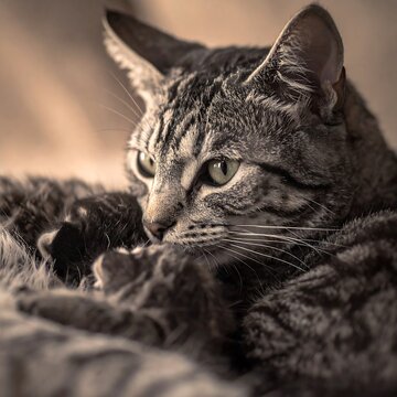 A focused tabby cat resting indoors on a soft surface.