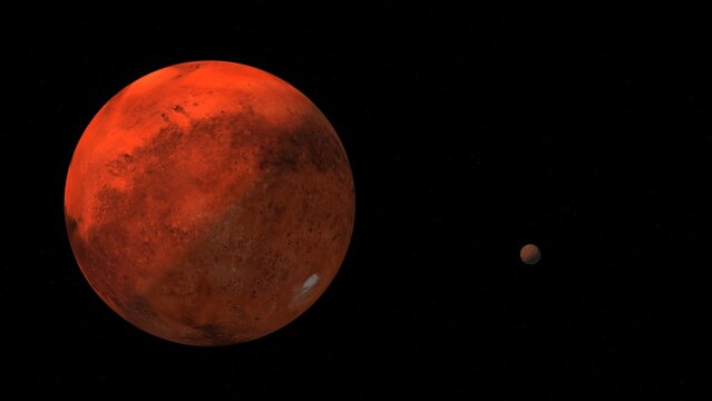  Planet mars with it moons Phobos. 3d illustration