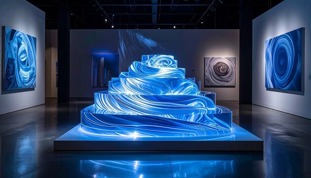 Transparent stacked sculpture with swirling blue patterns, modern gallery setting, artistic geometric design, light interplay, futuristic craftsmanship.
