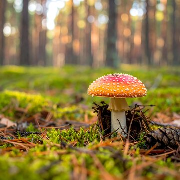 Amanita muscaria mushroom in a forest setting with blurred background.