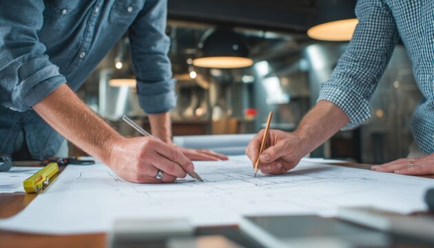 Two colleagues, one with a blue shirt and the other in a checkered shirt, are concentrating on architectural plans, showcasing teamwork and collaboration in a creative workspace