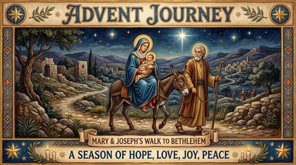 Fototapeta premium Joseph Virgin Mary on a donkey. Christian religious illustration, background, banner.