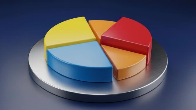 A 3D pie chart with four colored sections on a silver plate