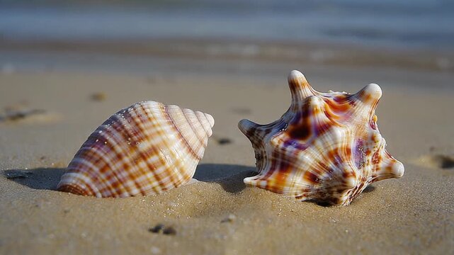 Close-up of two distinct seashells, a spiral bonnet shell and a spiky murex shell, resting on golden sand with a soft blurred background of the ocean shoreline at daytime.