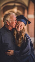 Fototapeta premium Graduate in deep navy gown embraces parent in a warm moment of celebration, showcasing joy and pride in a beautiful outdoor setting