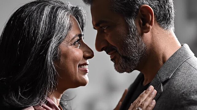 Close-up profile of a mature South Asian couple looking into each other's eyes with affection, the woman with grey hair smiling while placing a hand on the man's chest in a romantic moment.