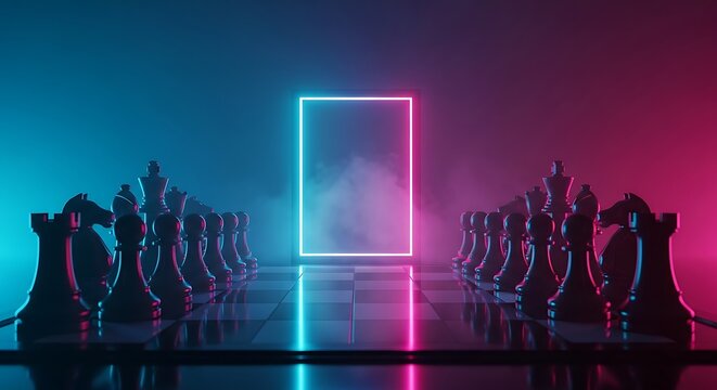 A chessboard with pieces set up for a game in a neon-lit room with a glowing rectangle