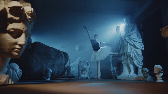 Professional ballerina performing dance in unique rehearsal class in museum. Classical choreography, beautiful woman in tutu and pointe shoes rehearsing alone in dark studio, inspired by classic arts