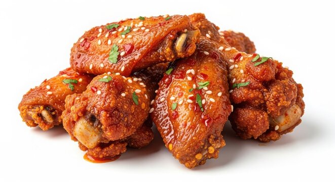 Crispy buffalo chicken wings with sesame seeds, spicy glazed fried chicken appetizers, gourmet honey garlic poultry snacks for restaurant menu isolated on White Background