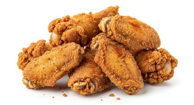 Crispy golden fried chicken wings, pile of breaded buffalo wings with crunchy texture, delicious deep fried poultry snacks for fast food menu isolated on White Background
