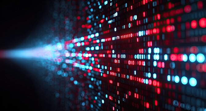 Abstract digital data stream with a bright blue and red light explosion against a black background