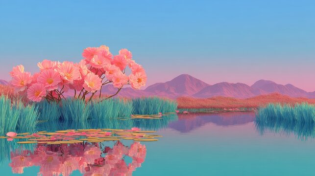 A luminous aura surrounds futuristic flora emerging from tranquil water at twilight, with enigmatic peaks behind and a gentle pink sky