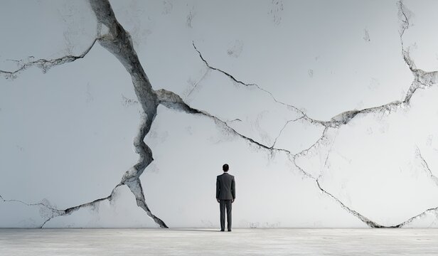 A lone figure in a suit stands before a large, cracked wall, symbolizing challenge and confrontation