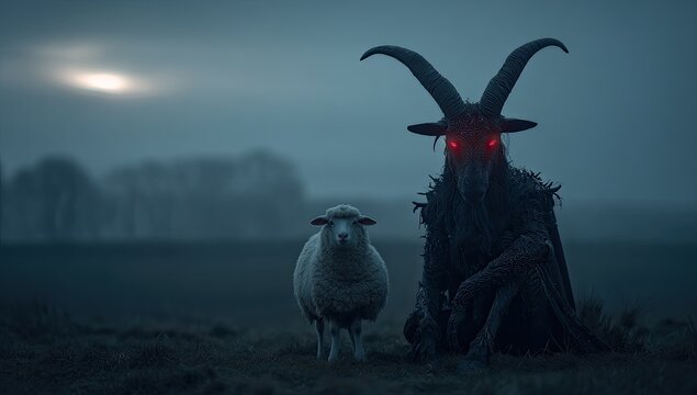 Sinister creature with red eyes and a sheep stand on a foggy field at dusk under a pale moon