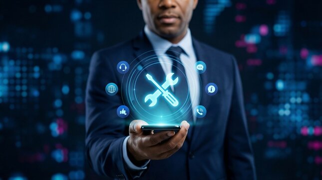 Businessman in a dark suit holds a smartphone projecting a holographic interface with repair tools and support icons against a digital background.