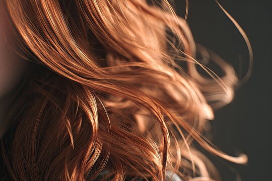 Close-up of flowing, fiery-red tresses, catching the light against a blurred gray background