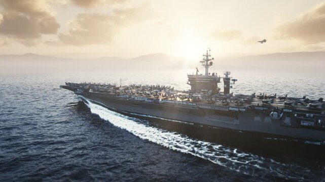 Aircraft Carrier Sailing at Sunset with Fighter Jets on Deck