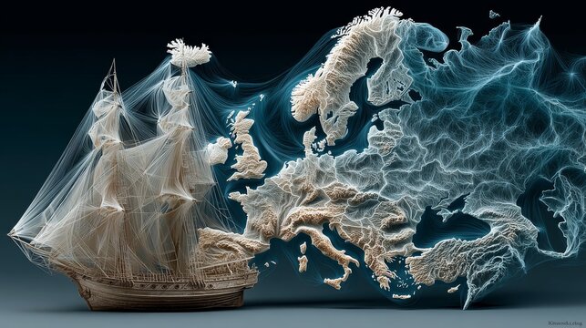 Futuristic digital map superimposed on the ocean, showing shipping pathways, container ships, and worldwide trade connections