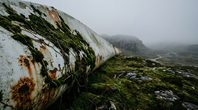 Vibrant moss and deep rust overtake a weathered wind turbine blade, abandoned on a rugged, misty landscape, a testament to time's relentless march