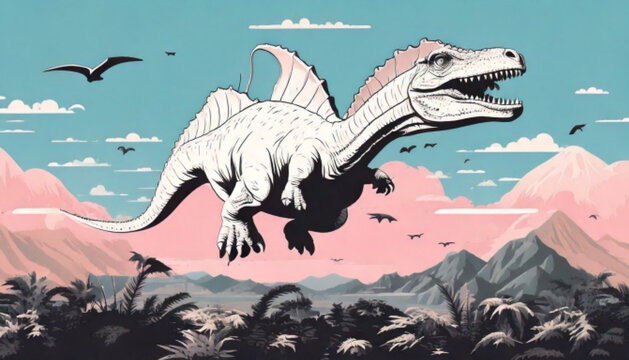 Pixel art dinosaur flying in the sky above mountains.