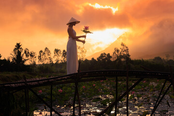 Vietnamese Woman Holding Lotus Flower at Tra Ly Lotus Pond Vietnam