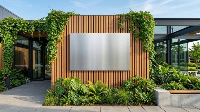 Modern Office Building Entrance with Blank Sign, Wood Paneling, and Lush Greenery