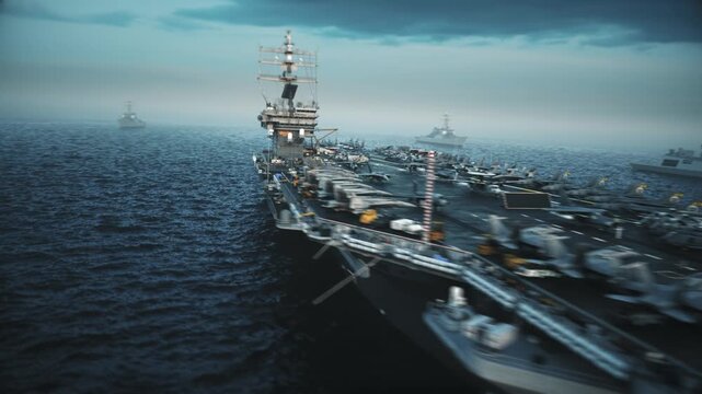 Aircraft Carrier Strike Group at Sea &ndash; Naval Fleet with Warships and Fighter Jets