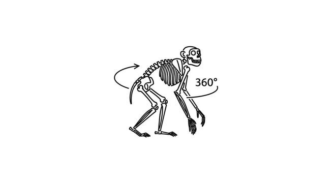 Monkey skeleton 360 degree rotation animation, anatomical illustration