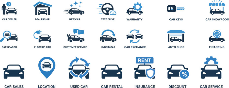 Automotive Service Icon Set &ndash; Car Dealer Electric Hybrid Flat Blue Vector Icons