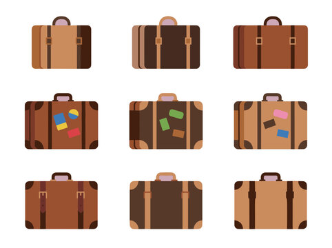 Vintage Leather Travel Suitcases and Luggage Set, Brown Briefcases with Straps and Colorful Destination Stickers for Trip Planning