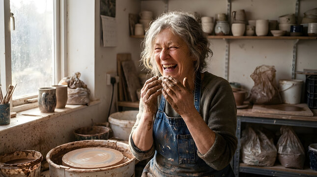Authentic portrait of a joyful senior woman covered in clay, laughing heartily while working at her pottery wheel in a sunlit craft studio, embracing her creative passion