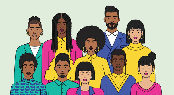 Diverse multicultural community portrait, group of people with different ethnicities and hairstyles, inclusive society vector illustration in flat style