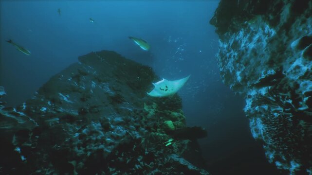A manta ray swims peacefully among rocky underwater landscapes as sunlight filters through the water, creating a serene setting. The ocean is alive with vibrant marine life, inviting exploration.
