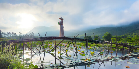 Vietnamese Woman White Dress Lotus Pond Bridge Tra Ly Sunrise