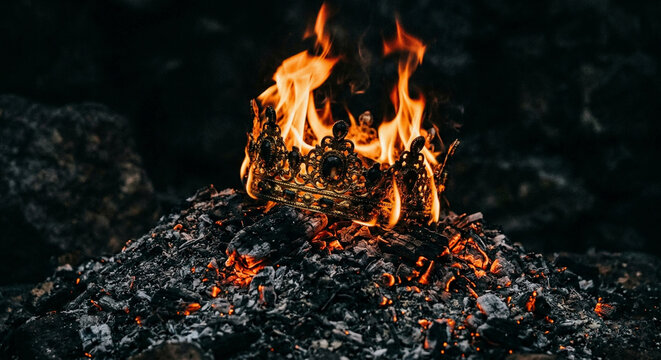 Golden royal crown burning in flames