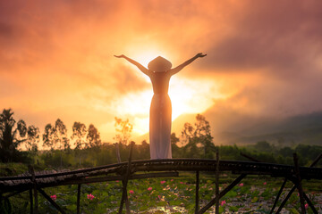 Freedom at Sunset Vietnamese Woman Lotus Pond Vietnam