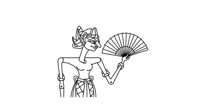 Indonesian Wayang Kulit Shadow Puppet Woman Holding Fan, Traditional Art