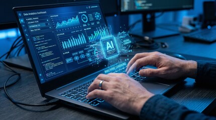 AI automation and data flow on laptop screen with machine learning dashboard and hands typing on keyboard for advanced artificial intelligence software development and business analytics