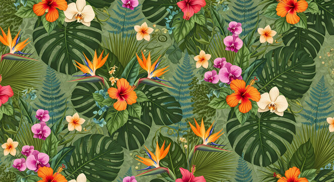 Seamless tropical floral pattern with colorful hibiscus, orchids, bird of paradise and lush green leaves